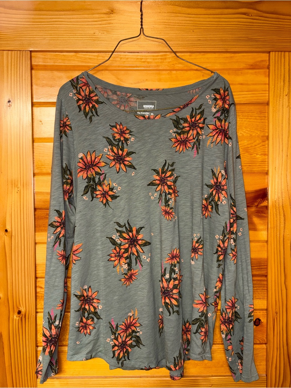 Sonoma Slate Blue Long-Sleeve Floral Tee with Coral Flowers